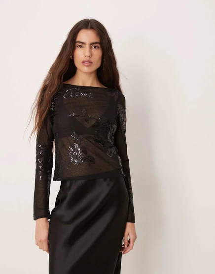 Черный топ из трикотажа Gina с длинными рукавами и цветочными блестками black