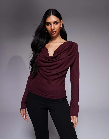 Полупрозрачный топ с драпировкой на шее и длинными рукавами от ASOS DESIGN винного цвета wine