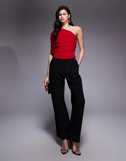 Сетчатый корсетный топ ASOS DESIGN с асимметричной накидкой красного цвета red