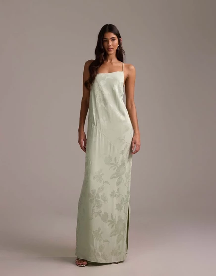 Макси-платье ASOS DESIGN bridesmaids с асимметричной драпировкой из жаккарда на бретелях шалфей-зеленого цвета