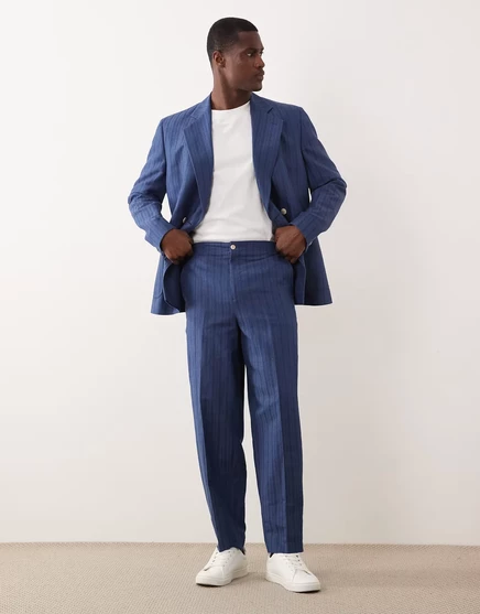 Мужские костюмные брюки ASOS DESIGN из льняной смеси свободного кроя, зауженные книзу, в полоску, синие