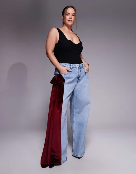 Джинсы ASOS LUXE Curve с широкими штанинами и 3D-бантом из бархата светло-голубого цвета blue