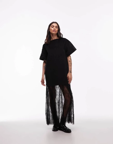 Макси-платье-гибрид футболки cord от ASOS DESIGN с кружевной юбкой черного цвета black