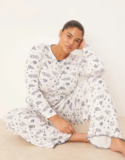 Пижамные брюки ASOS DESIGN Curve mix &match pointelle и футболка с длинным рукавом синего цвета с живописным принтом blue print