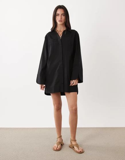 ДИЗАЙНЕРСКОЕ хлопковое льняное мини-платье-рубашка ASOS с широкими манжетами и большими карманами черного цвета black