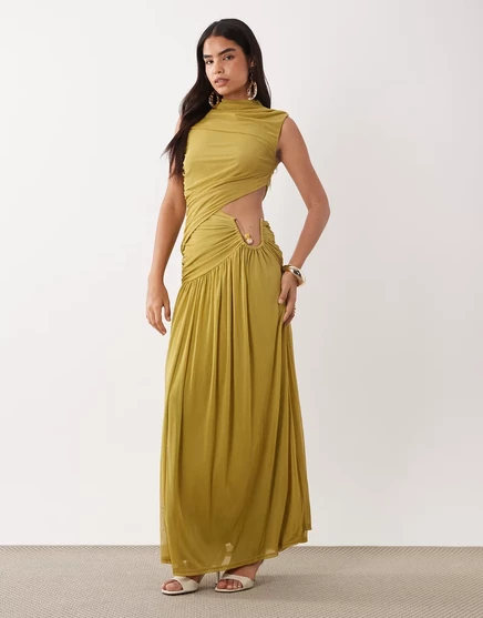 Макси-платье ASOS DESIGN из сетки с рюшами и высоким вырезом и отделкой проволочной фурнитурой оливкового цвета