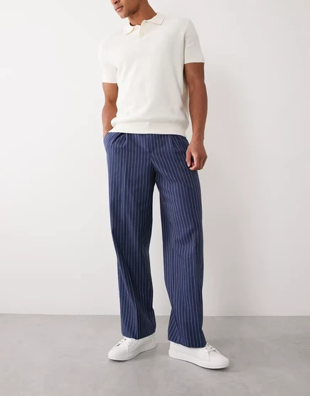 Мужские брюки ASOS Design льняные с двойными защипами широкого кроя в тонкую полоску, темно-синие
