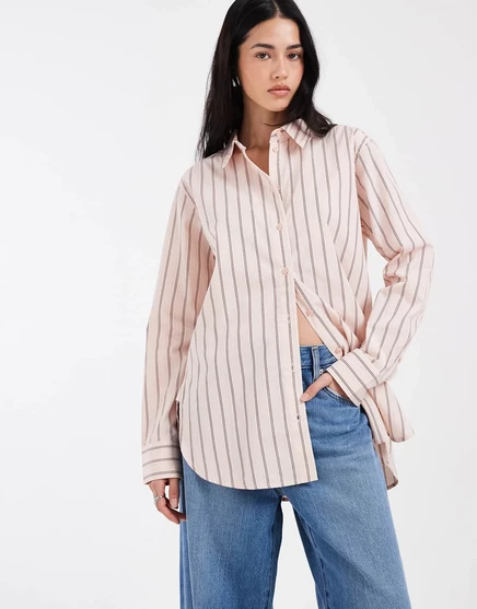 Женская хлопковая рубашка Vero Moda Oxford оверсайз, розовая в полоску