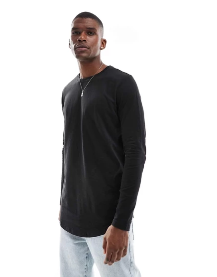 Черная удлиненная футболка с длинными рукавами и изогнутым краем Jack & Jones Essentials black