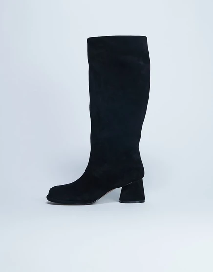 Черные сапоги до колена из натуральной замши Topshop Thea на блочном каблуке black