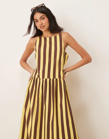 ДИЗАЙНЕРСКОЕ макси-платье из поплина ASOS с заниженной талией и круглым вырезом горловины в желтую полоску yellow stripe