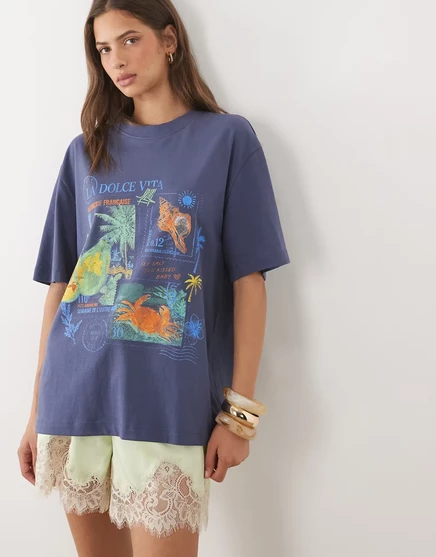 Женская футболка ASOS Design оверсайз с принтом, синяя