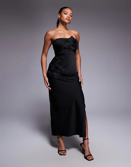Макси-платье-бандо с цветочной аппликацией от ASOS DESIGN черного цвета black