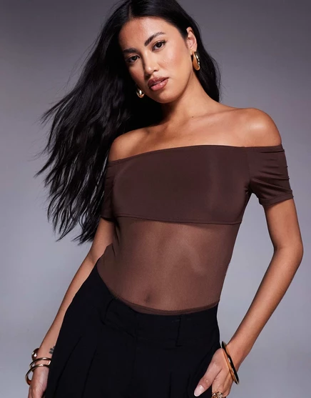 Облегающее боди с сетчатыми вставками от ASOS DESIGN bardot шоколадного цвета chocolate