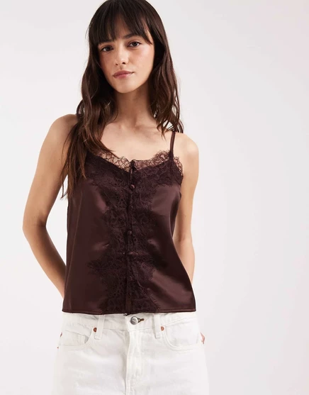 Атласный топ на бретелях с кружевной отделкой ASOS DESIGN коричневого цвета brown