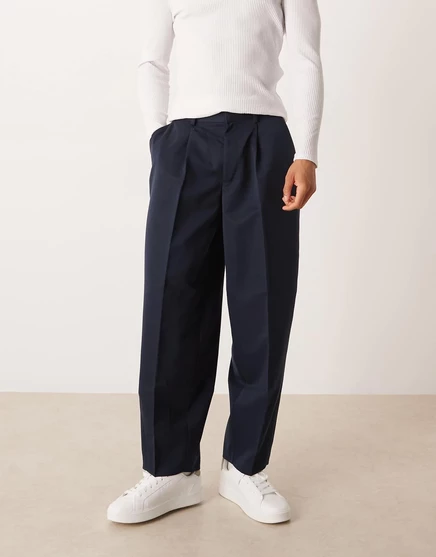 Плиссированные брюки ASOS DESIGN с широкими бочкообразными штанинами темно-синего цвета navy