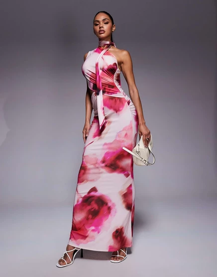  Платье макси ASOS DESIGN без рукавов с розовым цветочным принтом pink