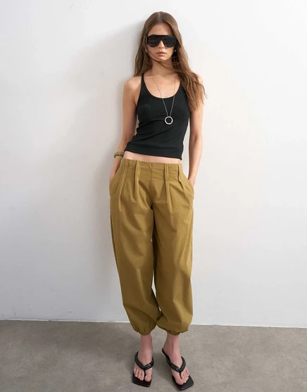 Topshop poplin balloon pants in khaki green green