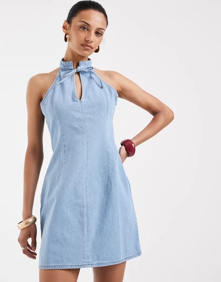 Женское мини-платье ASOS Design с воротником-стойкой и ключевым вырезом, синее