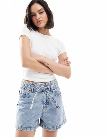 Джинсовые шорты JJXX с завязками на талии светло-голубого цвета light blue denim