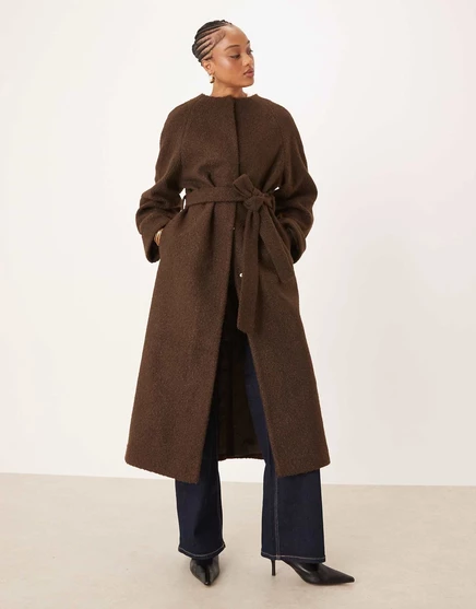Вечернее удлиненное пальто из букле без воротника от ASOS DESIGN цвета горького шоколада brown