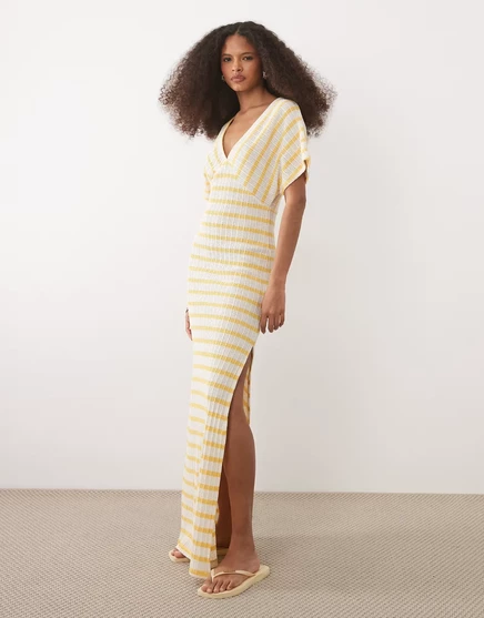 Женское макси-платье ASOS Design текстурное с V‑вырезом и разрезом, желтое в полоску