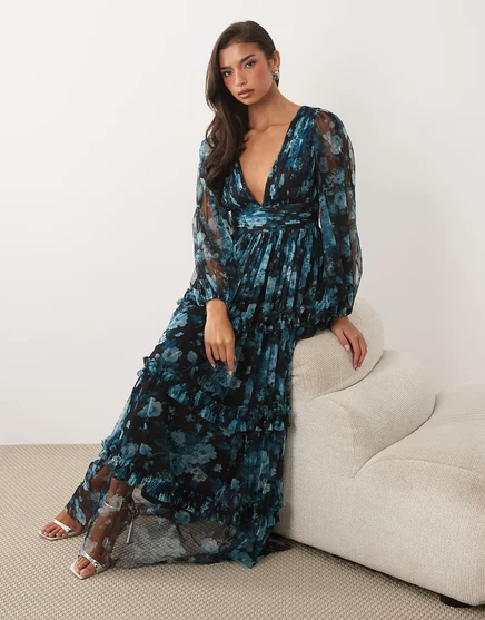 Женское макси-платье Lace & Beads с пышными рукавами, синее в цветочный принт