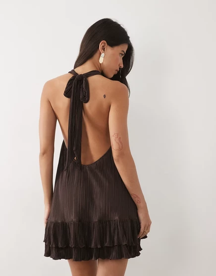 Женское мини-платье ASOS Design плиссе с воланом, шоколадное