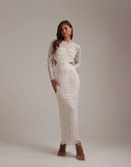 Свадебное макси-платье ASOS DESIGN Bridal с колоннами, украшенными искусственным жемчугом, с вырезом на талии цвета слоновой кости