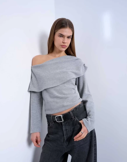 Асимметричный топ Topshop bardot с драпировкой и длинным рукавом из темно-серого вереска charcoal gray