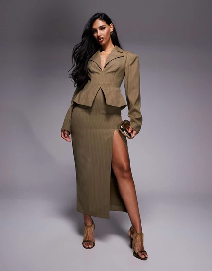 Женское платье-жакет ASOS Luxe Cinched Blazer, хаки в тонкую полоску