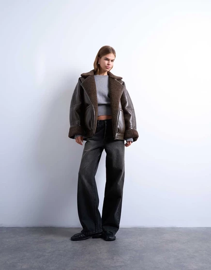 Винтажная куртка-бомбер-авиатор из овечьей шерсти Topshop шоколадного цвета chocolate