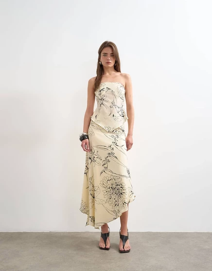 Макси-юбка-комбинация с косым вырезом от Topshop в цветочек с рисунком из черного и слоновой кости - часть комплекта цвета слоновой кости