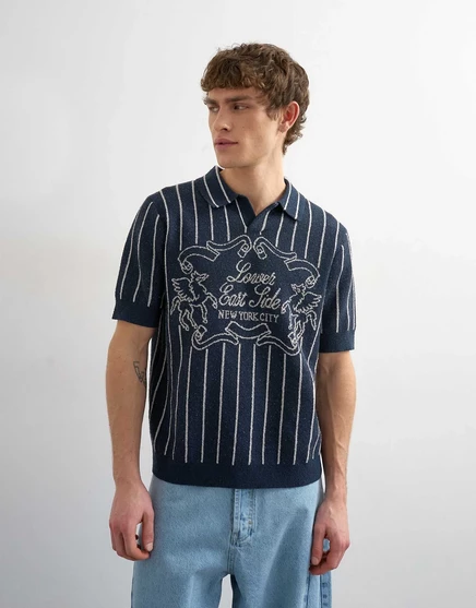 Мужское поло Topman вязаное в полоску, темно-синее