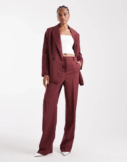 Высокие брюки Vero Moda с широкими штанинами в елочку бордового цвета - часть комплекта burgundy