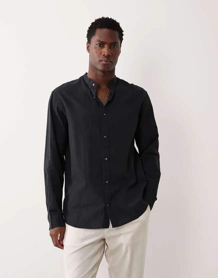 Рубашка с длинным рукавом из льняной смеси с воротником-стойкой Jack &amp Jones grandad черного цвета
