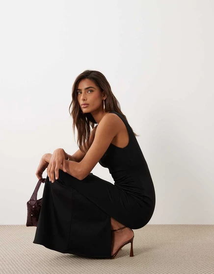 Облегающее макси-платье ASOS DESIGN с округлым вырезом горловины в стиле cami из черной ткани в стиле акваланга black