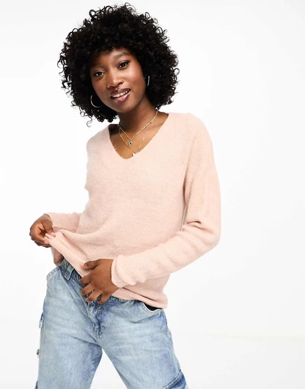 Розовый фактурный вязаный свитер с v-образным вырезом Vero Moda pink