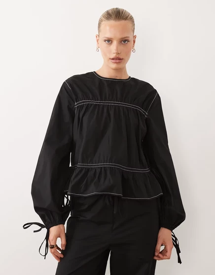 Женский топ ASOS Design со сборкой и контрастной строчкой, черный