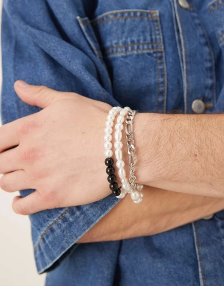 ASOS DESIGN 3 упаковки браслета из смешанной цепочки и бисера серебристого оттенка silver