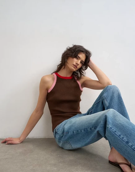 Женская майка TopShop трикотажная с контрастной отделкой, коричневая