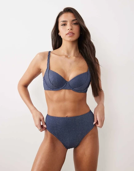 Купальник-бикини ASOS DESIGN Riddy Azores с блестками в рубчик, завышенной талией и высокими штанинами, темно-синего цвета slate blue
