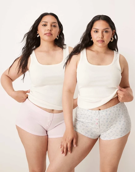 Трусы-боксеры ASOS DESIGN Curve из 2-х комплектов с цветочным принтом и розовыми вставками multi