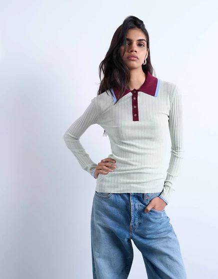 Трикотажное поло в рубчик с контрастным воротником от Topshop мятного цвета mint