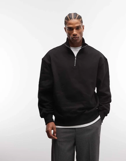Толстовка ASOS DESIGN premium heavyweight oversize на молнии 1/4 толщиной 400 г черного цвета black
