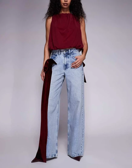 Роскошные джинсы ASOS с широкими штанинами и 3D-бантом из бархата светло-голубого цвета blue