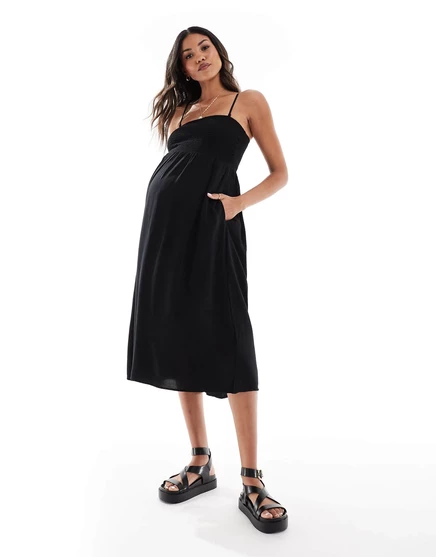 Легкое облегающее платье по щиколотку с оборками для беременных Vero Moda черного цвета black