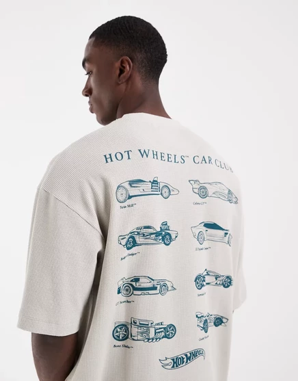 Мужская футболка Asos вафельная оверсайз с принтом hot wheels, серо-бежевая