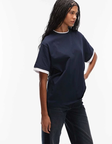 Двухслойный топ оверсайз с коротким рукавом от ASOS DESIGN темносинего цвета navy and white