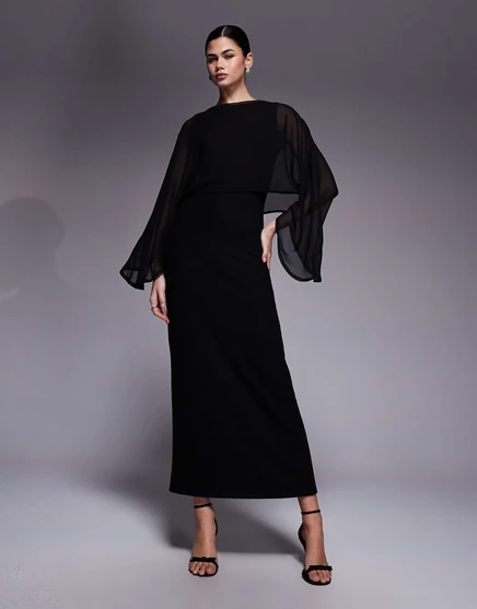 Макси-платье ASOS DESIGN с асимметричными рукавами и шифоновой накидкой черного цвета black